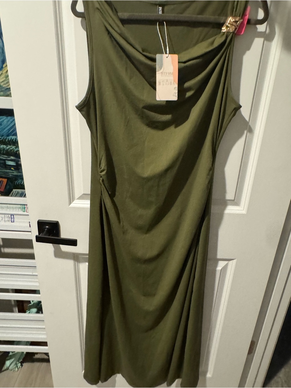 Olive Green Sleeveless Draped Women's Dress